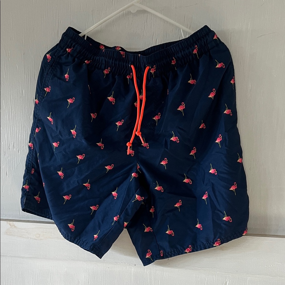 Navy Flamingo Print Swim Trunks with Orange Accents